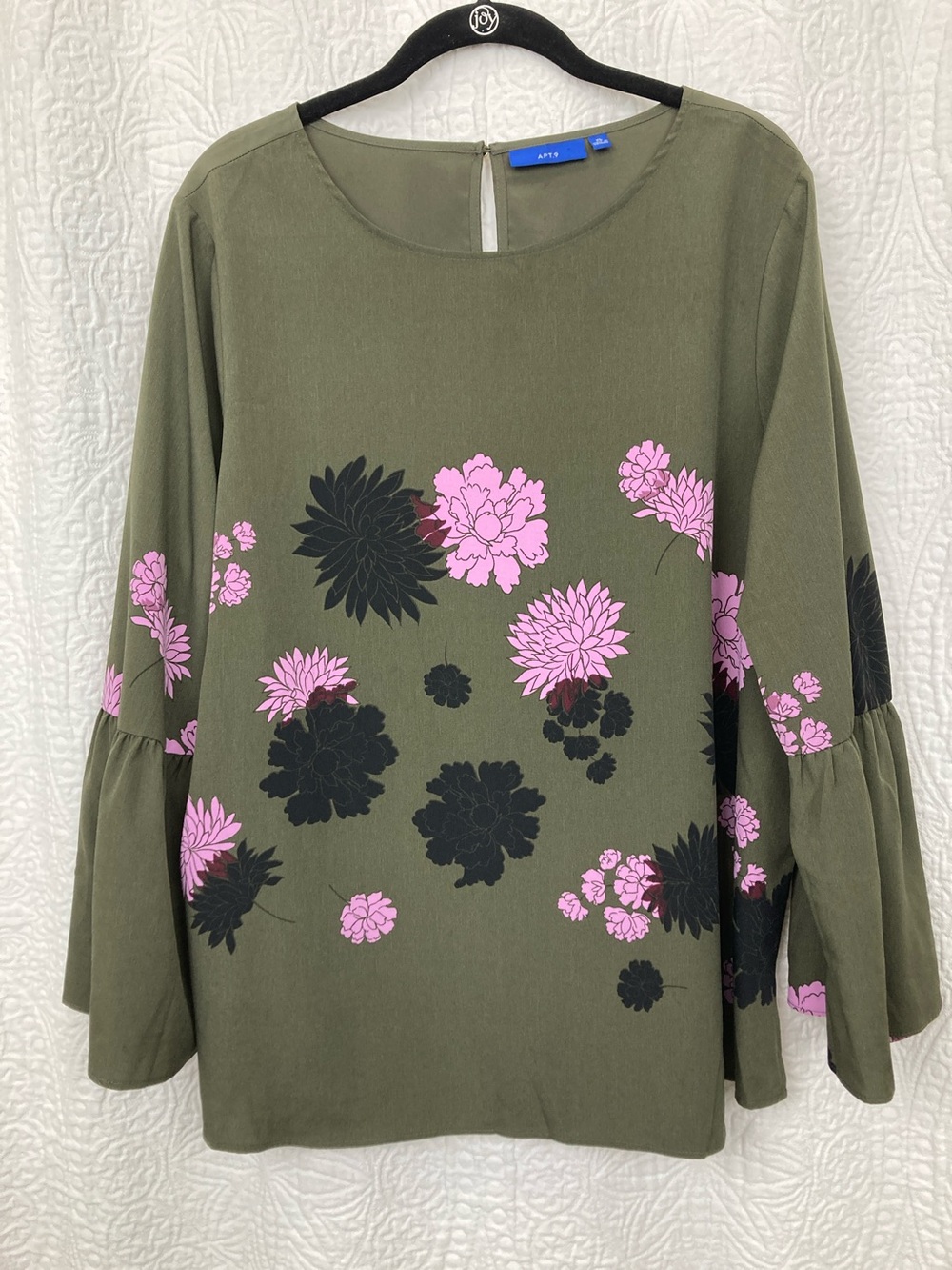 Apt. 9 Women’s Olive Lilac Black Floral Blouse sz XL Bell Sleeve